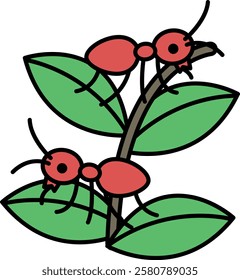 Two red ants are on a leaf. The leaf is green. The ants are looking up. The image is of a cartoon