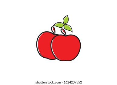 two red apple with green leaves, ripe sweet fruit illustration. Healthy and organic food, harvest season symbol. 