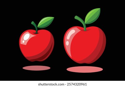 Two Red Apples on Black Background, Red Apple Pair Vector Illustration