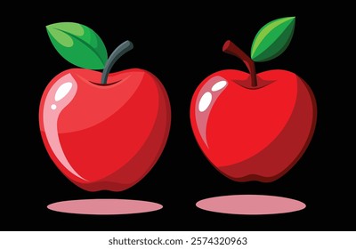 Two Red Apples on Black Background, Red Apple Pair Vector Illustration