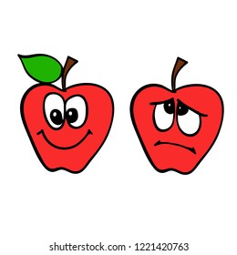 Two red apples with smile. Smiling with a leaf and frustrated with no leaves