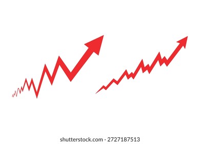 Two red arrows pointing upwards on a white background, indicating growth and progress in a financial or statistical context, with a jagged line graph