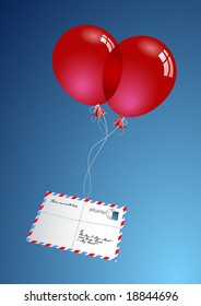 two red balloons delivering a love-letter via "airmail" - no gradient-mesh or transparencies used