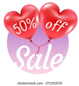 TWO red balloons in the form of the heart with the text symbol 50% off sale rise fly upwards against the sky in round background valentines day sale vector illustration eps 10