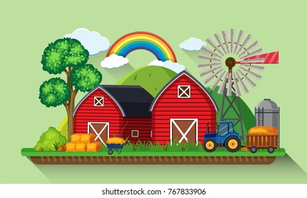 Two red barns and windmill in the farm illustration