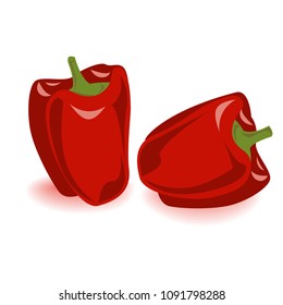 Two red bell pepper vegetables set. Vector illustration, cartoon and tasty capsium, isolated on white.
