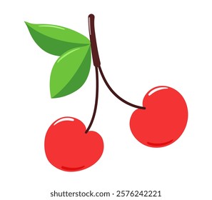 Two red berries on a branch with leaves. Flat style.