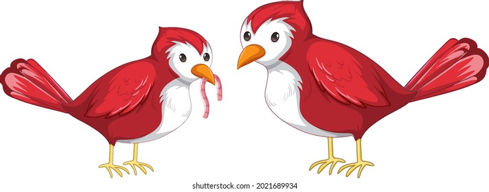 Dos pájaros rojos atrapando gusanos en una ilustración aislada al estilo de las caricaturas