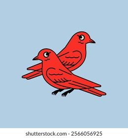 Two red bird minimalist vector illustration, isolated on a blue background. Ideal for web design, mobile apps, and print materials.