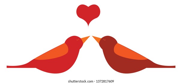 Two red birds facing each other with the eyes closed and a red heart-centered above them vector color drawing or illustration 