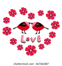 Two red birds in flower heart frame and the word love
