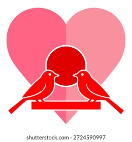 Dos pájaros rojos en una percha con la puesta del sol y el fondo del corazón, ilustración romántica de la Naturaleza