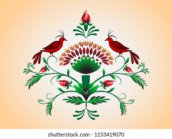 Two red birds sat on the leaves of decorative flowers, a folk ornament with red birds and flowers, a Petryakovskaya painting with birds and flowers