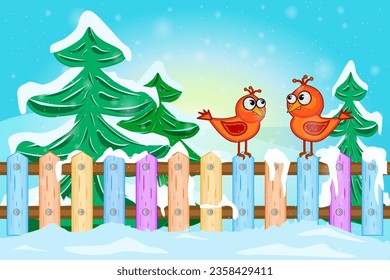 Two red birds sitting on fence. Cartoon winter landscape with red bird on fence, snow and fir trees. Christmas winter scene with snowfall. Snowy scenery. Rural forest view. Stock vector illustration