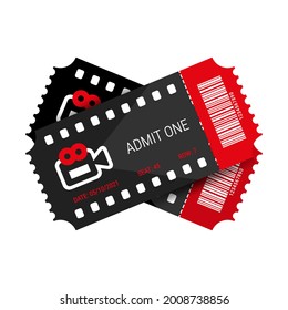 Two red and black designed movie tickets with barcode. A couple of cinema tickets with shadow close up top view. Vector illustration isolated on white background.