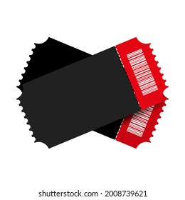 Two red and black empty cinema tickets with barcode realistic template. Admission tear off tickets. Vector illustration isolated on white.