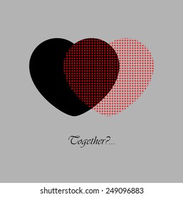Two red and black hearts with text on a gray background