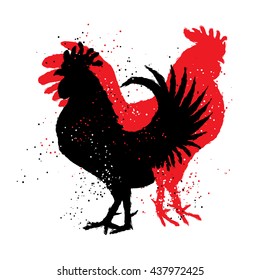 Two red and black roosters. Happy new year 2017 zodiac. Greeting card. Vector. Imitation of hand drawing or painting of roosters silhouette with Chinese calligraphy Inksticks or India ink.
