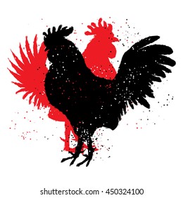 Two red and black roosters. Happy new year 2017 zodiac. Greeting card. Vector. Imitation of hand drawing or painting of roosters silhouette with Chinese calligraphy Inksticks or India ink.
