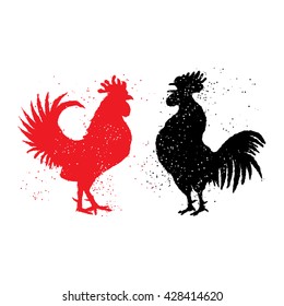 Two red and black roosters are looking at each other. Happy new year 2017 zodiac. Greeting card. Vector. Imitation of hand drawing or painting of roosters silhouette with Chinese calligraphy ink.