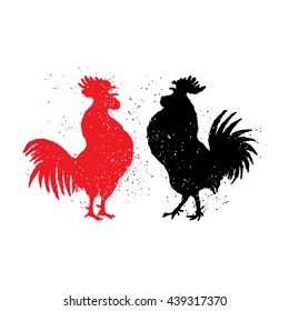 Two red and black roosters are looking at each other. Happy new year 2017 zodiac. Greeting card. Vector. Imitation of hand drawing or painting of roosters silhouette with Chinese calligraphy ink.