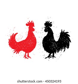 Two red and black roosters are looking at each other. Happy new year 2017 zodiac. Greeting card. Vector. Imitation of hand drawing or painting of roosters silhouette with Chinese calligraphy ink.