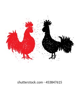 Two red and black roosters are looking at each other. Zodiac. Vector. Imitation of hand drawing or painting of roosters silhouette with Chinese calligraphy ink.