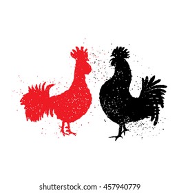 Two red and black roosters are looking at each other. Happy new year 2017 zodiac. Greeting card. Vector. Imitation of hand drawing or painting of roosters silhouette with Chinese calligraphy ink.