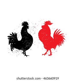 Two red and black roosters are looking at each other. Happy new year 2017 zodiac. Greeting card. Vector. Imitation of hand drawing or painting of roosters silhouette with Chinese calligraphy ink.