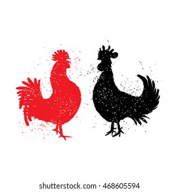 Two red and black roosters are looking at each other. Happy new year 2017 zodiac. Greeting card. Vector. Imitation of hand drawing or painting of roosters silhouette with Chinese calligraphy ink.