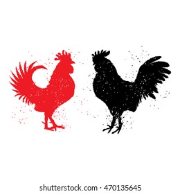 Two red and black roosters are looking at each other. Happy new year 2017 zodiac. Greeting card. Vector. Imitation of hand drawing or painting of roosters silhouette with Chinese calligraphy ink.