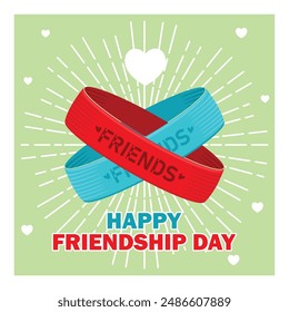 Two red and blue bracelets with the words friends. Symbolizes friendship. Friendship Day concept. Flat vector illustration.