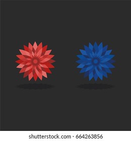 Two Red and Blue Edgy Geometric Lotus Lily Flowers Blossom Icons with Shadow  for App Design or Decoration - Logo Vector Illustration