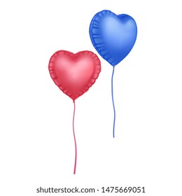 Two red and blue inflated helium balloon of heart shaped, part for decoration holidays, valentines day and party concept on white background, Vector EPS 10 format