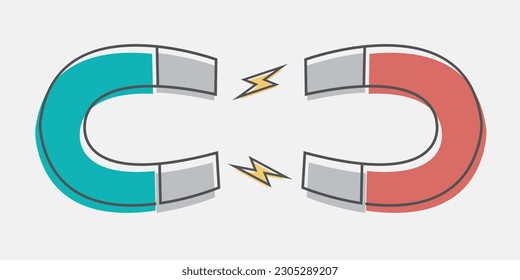 two red and blue magnet attract or repel vector clean. 2 magnetic poles flat design isolated. concept Attraction to each other or contrast. couple in love or divorced illustration graphic cover page