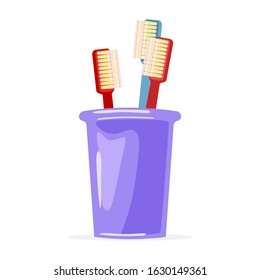 Two Red And Blue Toothbrushes Are In Violet Glass. Family Toiletries, Personal Hygiene Items. Oral Care. Bathroom, Washroom Supplies. Vector Cartoon Illustration Isolated On White Background.