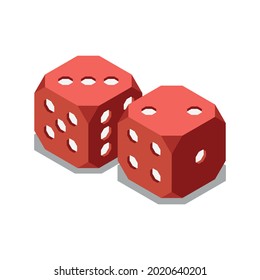 Two red board game dices 3d isometric vector illustration