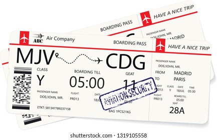 Two red boarding pass or airplane tickets isolated on a white background. Vector illustration. Travel concept