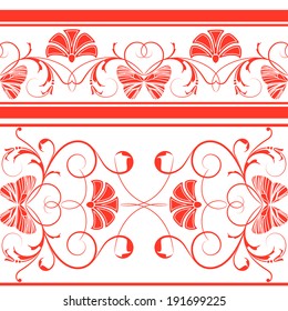 Two red borders with stylized leaf and butterfly