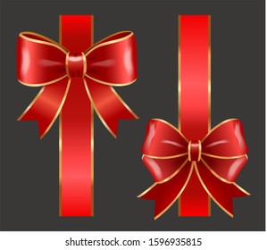 Two red bows made from ribbons isolated on black background. Sample of knots for decoration gift boxes for holiday. Wrapping packages for party celebration. Vector illustration in flat style