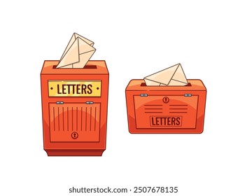 Two Red British Mailboxes With Envelopes Inside Representing Classic Mail Delivery Service, Cartoon Vector Illustration