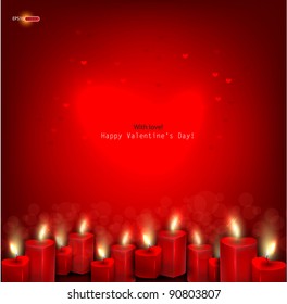 Two red burning heart shaped candles on dark red background. Vector background