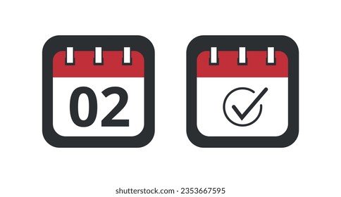 Two red calendar icons on a gray background for websites, blogs and graphic resources. Calendar flat icons, one with checklist sign and the other with specific day marking day 02.