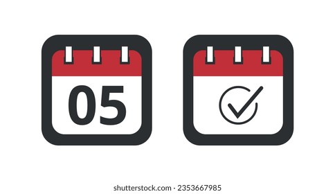 Two red calendar icons on a gray background for websites, blogs and graphic resources. Calendar flat icons, one with checklist sign and the other with specific day marking day 05.