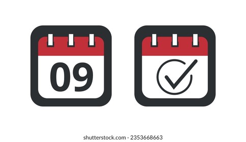 Two red calendar icons on a gray background for websites, blogs and graphic resources. Calendar flat icons, one with checklist sign and the other with specific day marking day 09.