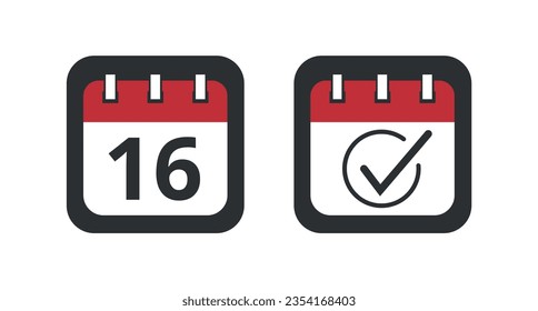 Two red calendar icons on a gray background for websites, blogs and graphic resources. Calendar flat icons, one with checklist sign and the other with specific day marking day 16.