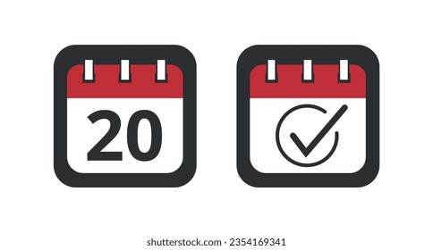 Dos iconos de calendario rojo en un fondo gris para sitios web, blogs y recursos gráficos. Iconos planos del calendario, uno con el signo de la lista de verificación y el otro con el marcado del día 20 específico.