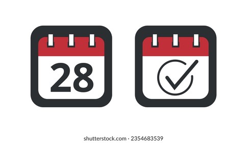 Two red calendar icons on a gray background for websites, blogs and graphic resources. Calendar flat icons, one with checklist sign and the other with specific day marking day 28.