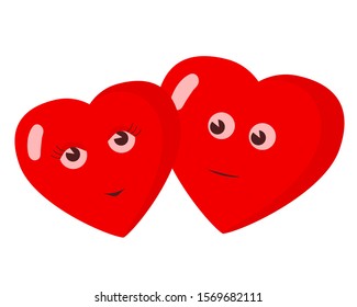 Two red cartoon hearts. The isolated flat image. White background. Vector stock image. Can be used in the design of cards banners invitations on the theme of Valentine's day and wedding
