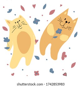 Two red cats.  One cat has a heart and a flower.  Another cat has a flower.  Flowers, leaves and dots are scattered on the background.  Illustration in trendy cartoon style.